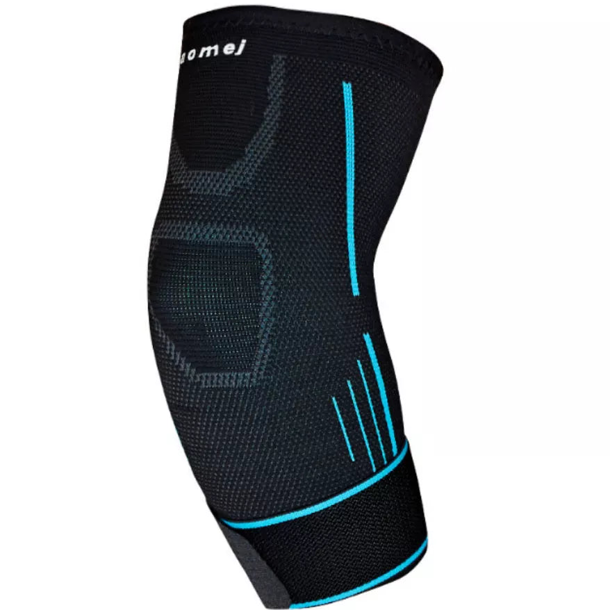 Breathable knitted sports elbow guard with adjustable straps in black and orange