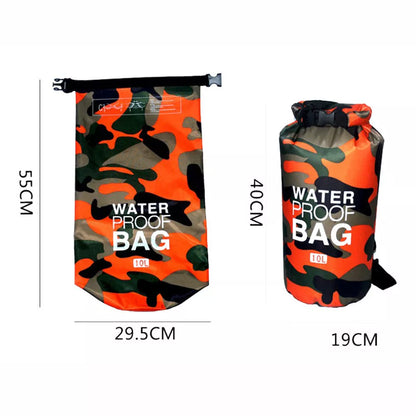 Camouflage polyester waterproof bag with PVC for outdoor activities, available in multiple colors and sizes.
