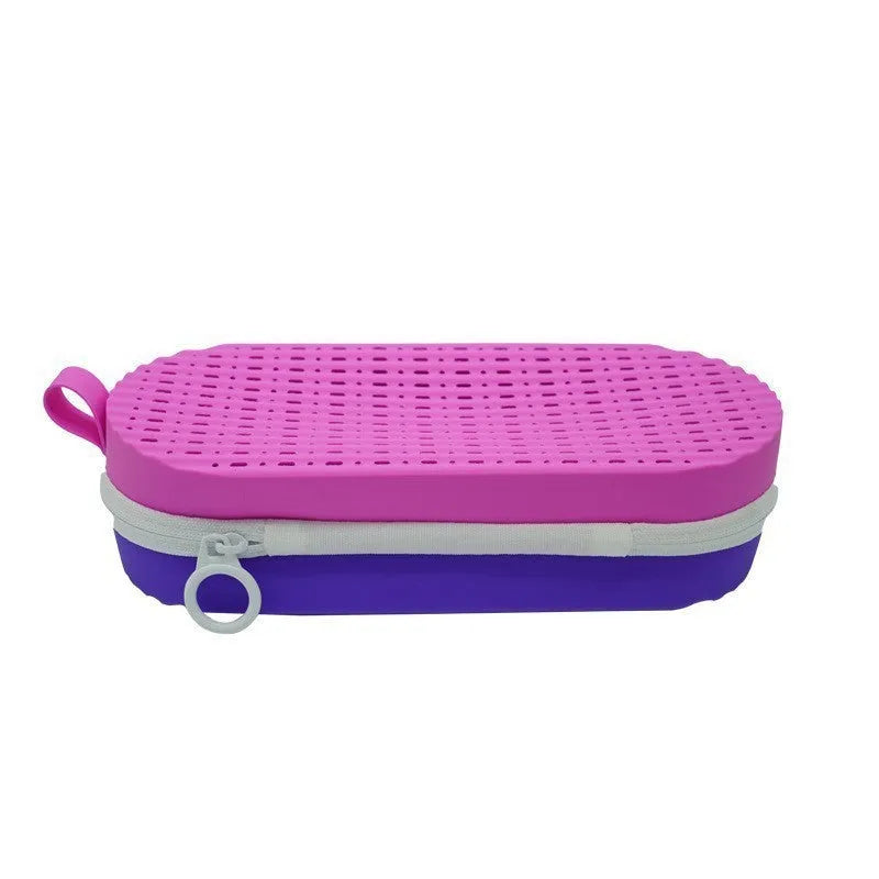 Silicone glasses case with long handle in rose red light purple colour, dimensions 200x80x50mm