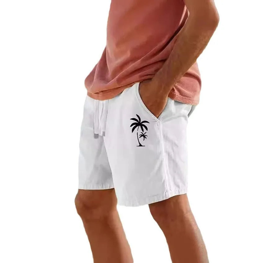 Men's elastic shorts with heat transfer patch, drawstring waist, and straight-leg design in Army Green colour