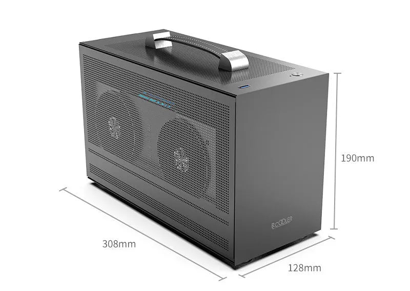 Three Hummingbird Portable ITX desktop computer chassis in titanium grey with tinned steel construction