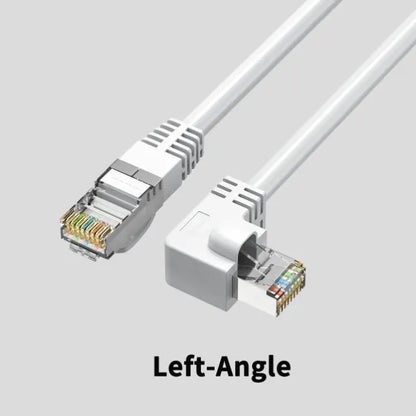 Black Cat6 Ethernet cable with a right-angled metal RJ45 connector plugging into a network switch port.