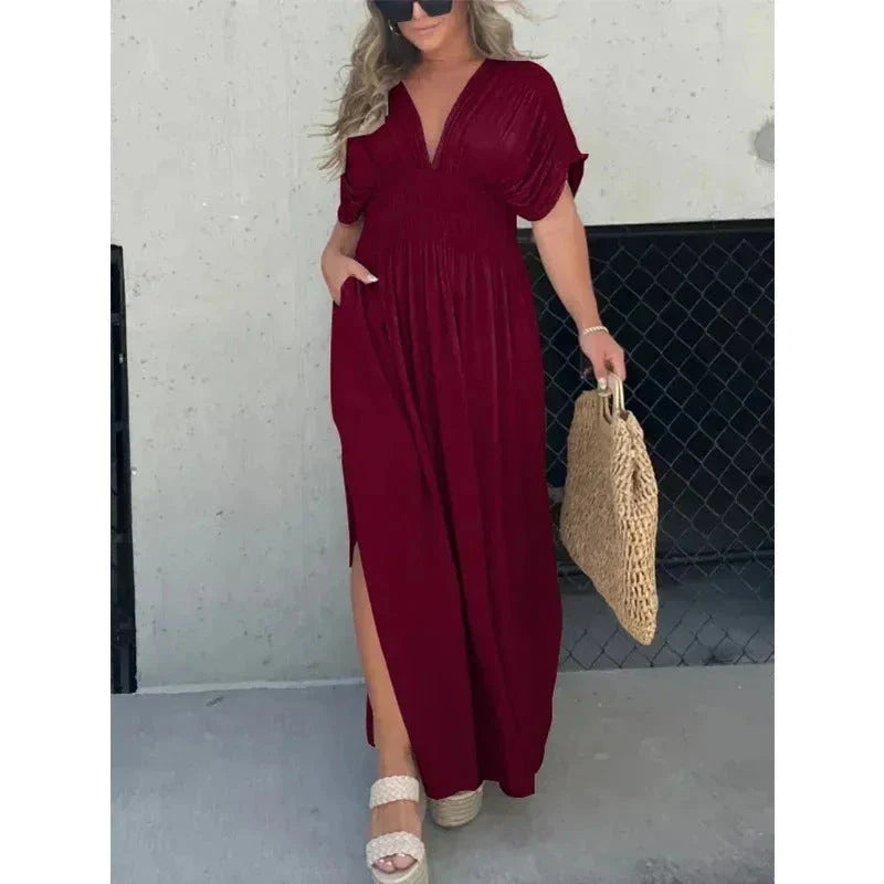 Stylish bat-sleeve v-neck slit dress in a variety of colors, including khaki, black, wine red, dark blue, and caramel