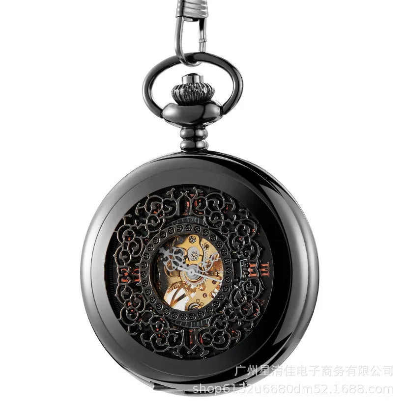 Retro automatic pocket watch with floral print dial and transparent case back showing mechanical movement.