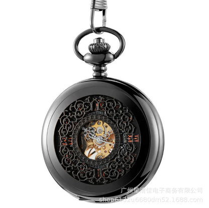 Retro automatic pocket watch with floral print dial and transparent case back showing mechanical movement.