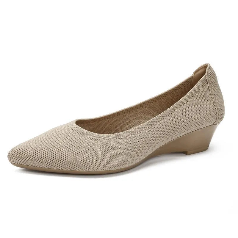Women's leopard brown flyknit mesh pointed toe wedge pumps with a low rubber sole.