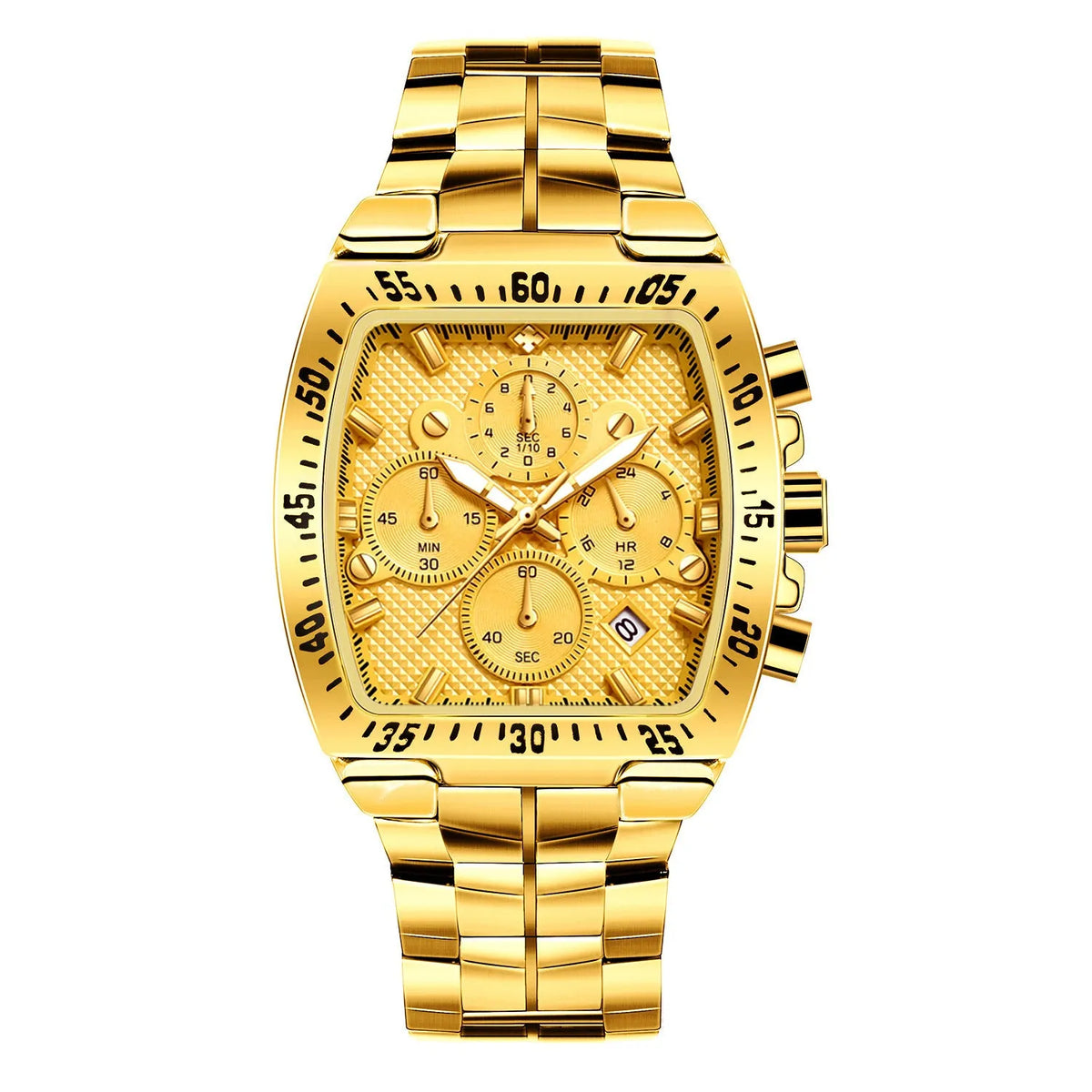 Men's seven needle steel belt quartz watch with pointer display, 30M waterproof, in black, blue, gold, or silver