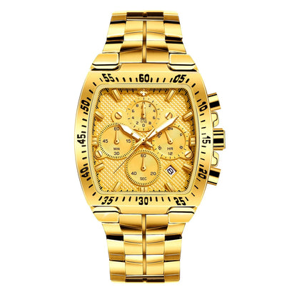 Men's seven needle steel belt quartz watch with pointer display, 30M waterproof, in black, blue, gold, or silver