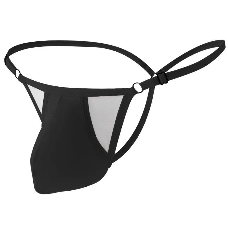 Men's ice silk T-back underwear in multiple colours featuring a geometric pattern, thin straps, and an adjustable pouch.