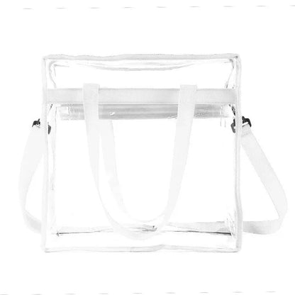 Women's PVC transparent shoulder messenger bag showing clear front panel with colour options and dual strap design