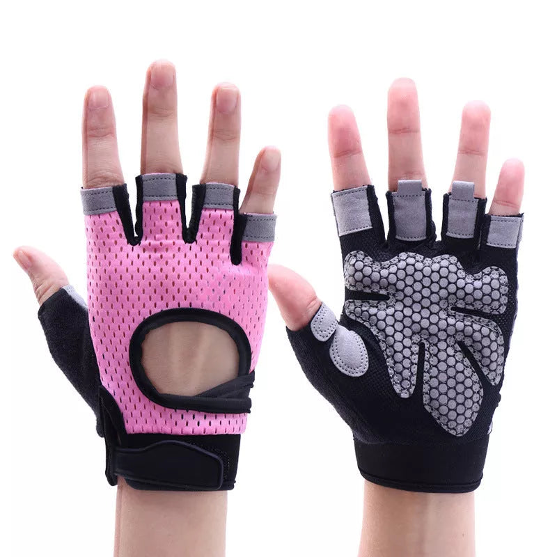 Men and women fitness gloves for dumbbell and horizontal bar exercises in black, pink, gray, and blue