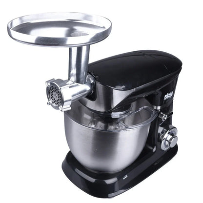 Black and white three-in-one kitchen machine with 6.5L bowl, aluminium attachments, and tilt-head design