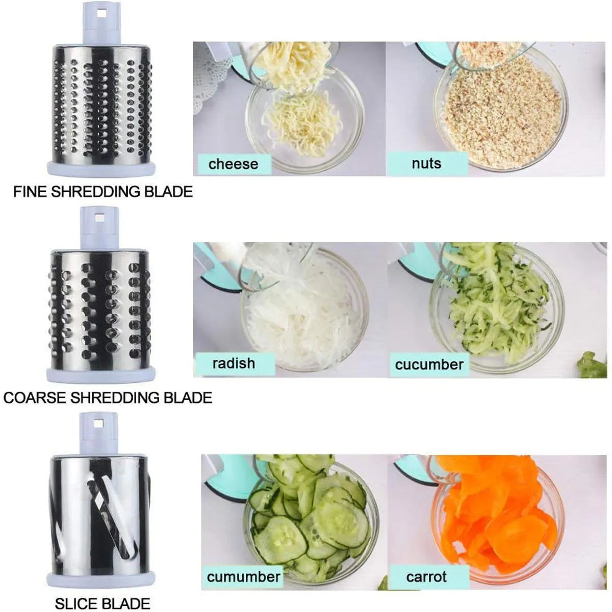 Blue multifunctional manual vegetable cutter with stainless steel blades for slicing potatoes and cheese.