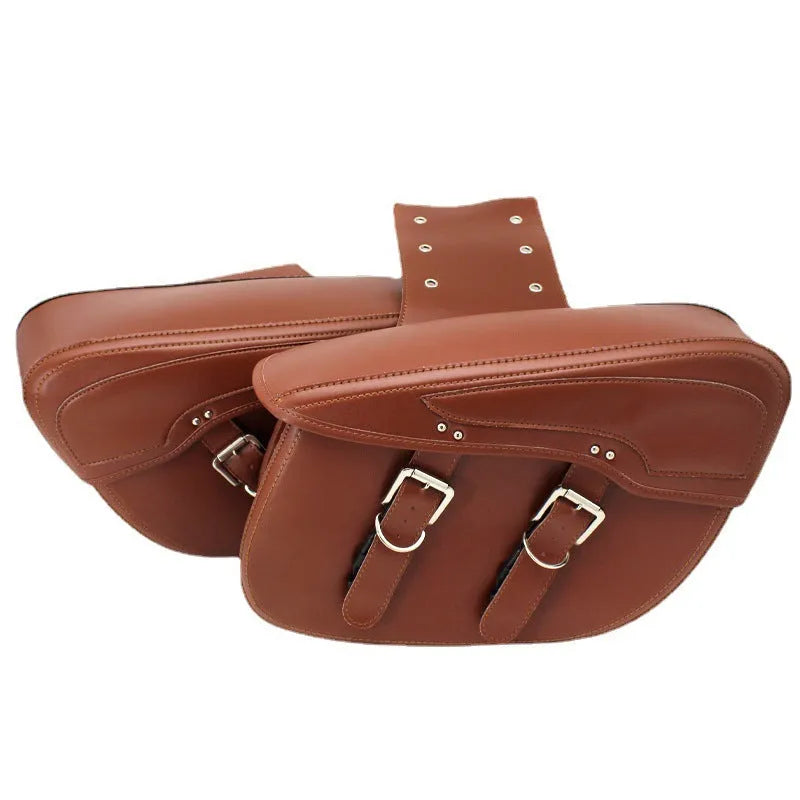 Retro-style black PU leather motorcycle side box mounted on a bike rail.