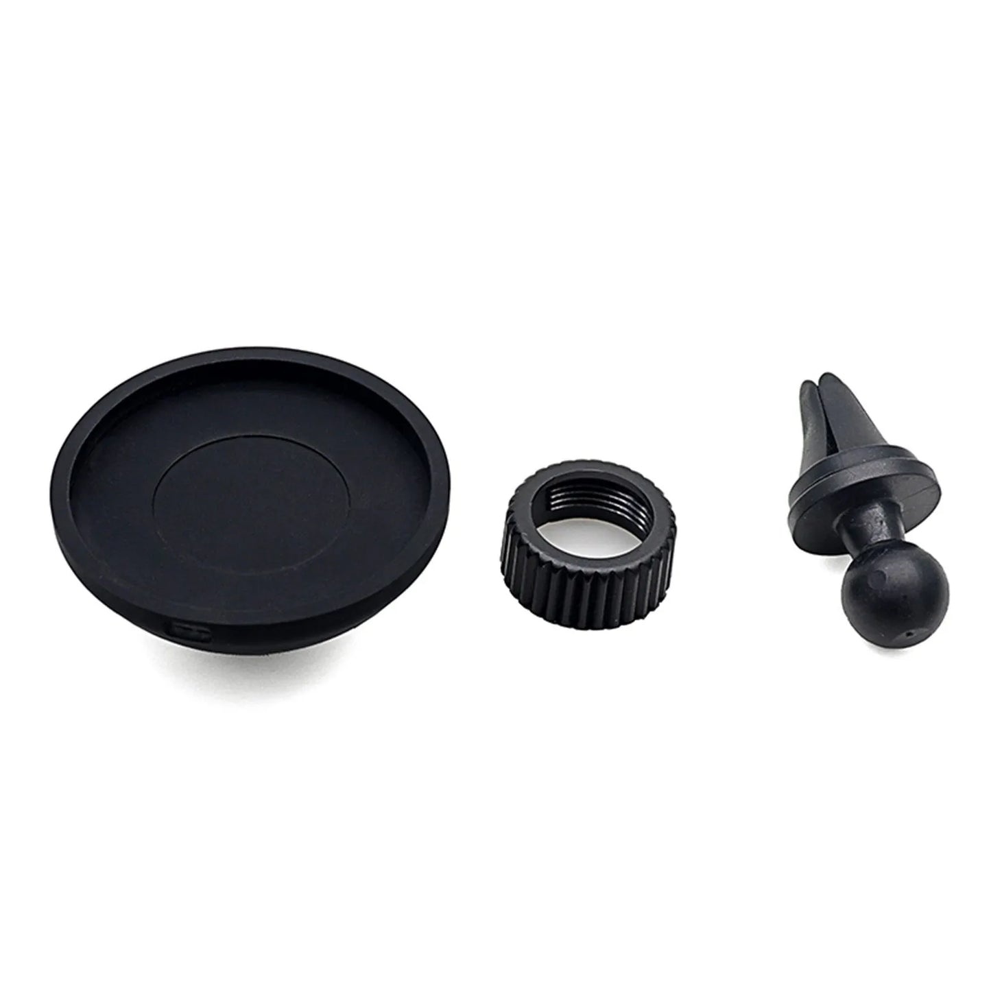 Black magnetic car phone holder showing both air vent mount and base dashboard mount options