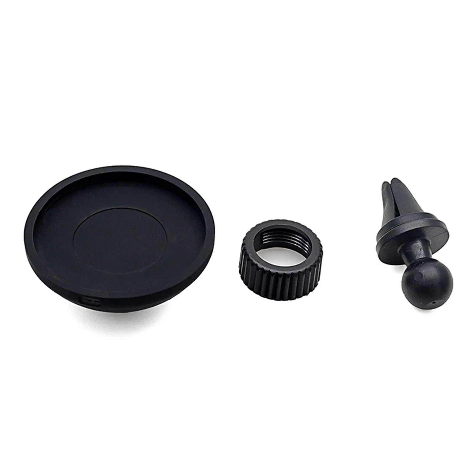 Black magnetic car phone holder showing both air vent mount and base dashboard mount options