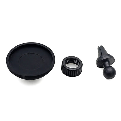 Black magnetic car phone holder showing both air vent mount and base dashboard mount options