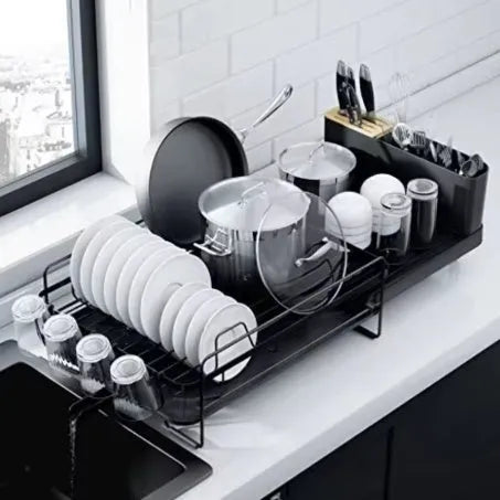 Retractable dish rack showing folded 30cm size and expanded cutlery drying configuration