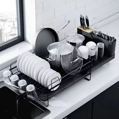 Retractable dish rack showing folded 30cm size and expanded cutlery drying configuration
