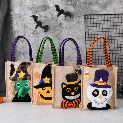 Funny Halloween Candy Tote Bag for Kids featuring witch, skull, and pumpkin designs