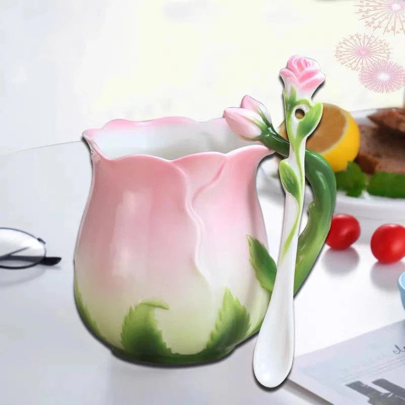 Hand-painted rose ceramic coffee mug with spoon, 320ml capacity, enamel porcelain material