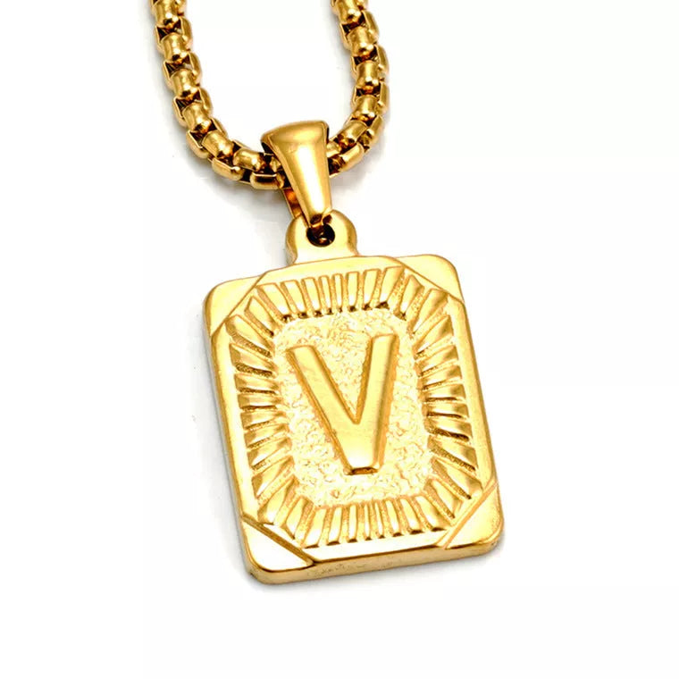 Men's gold-plated titanium steel letter necklace with pearl chain, customizable pendant