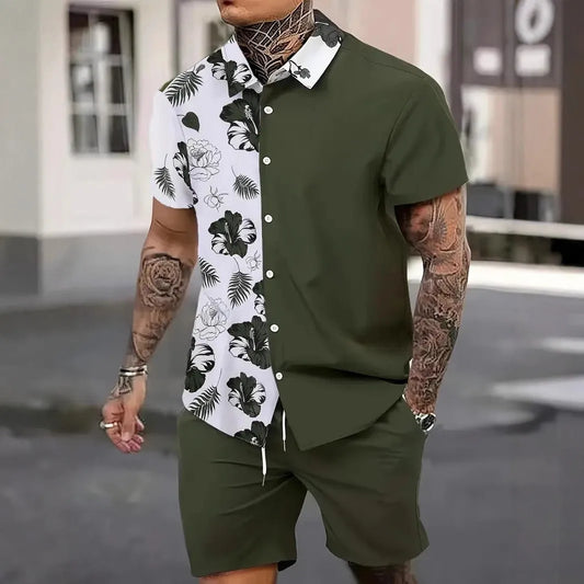 Men's Hawaii 3D printed short sleeve suit with textured patterns on polyester fabric