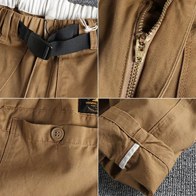 Men's khaki work trousers with N I buckle belt and three-dimensional cutting design