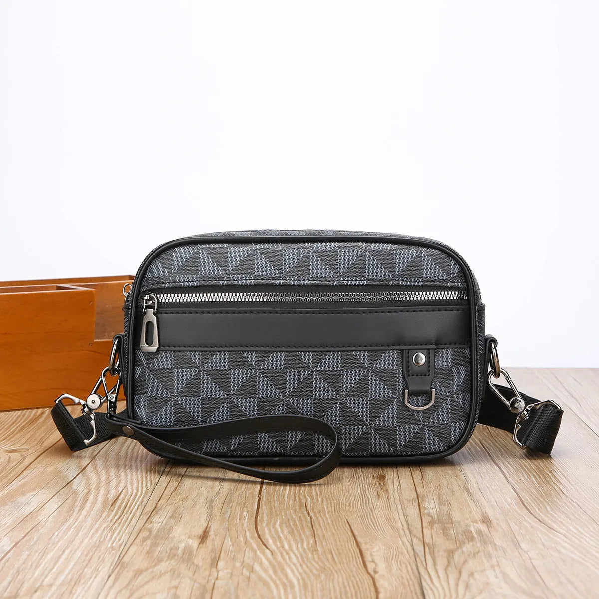 Men's black geometric pattern PU leather messenger bag with handheld horizontal design