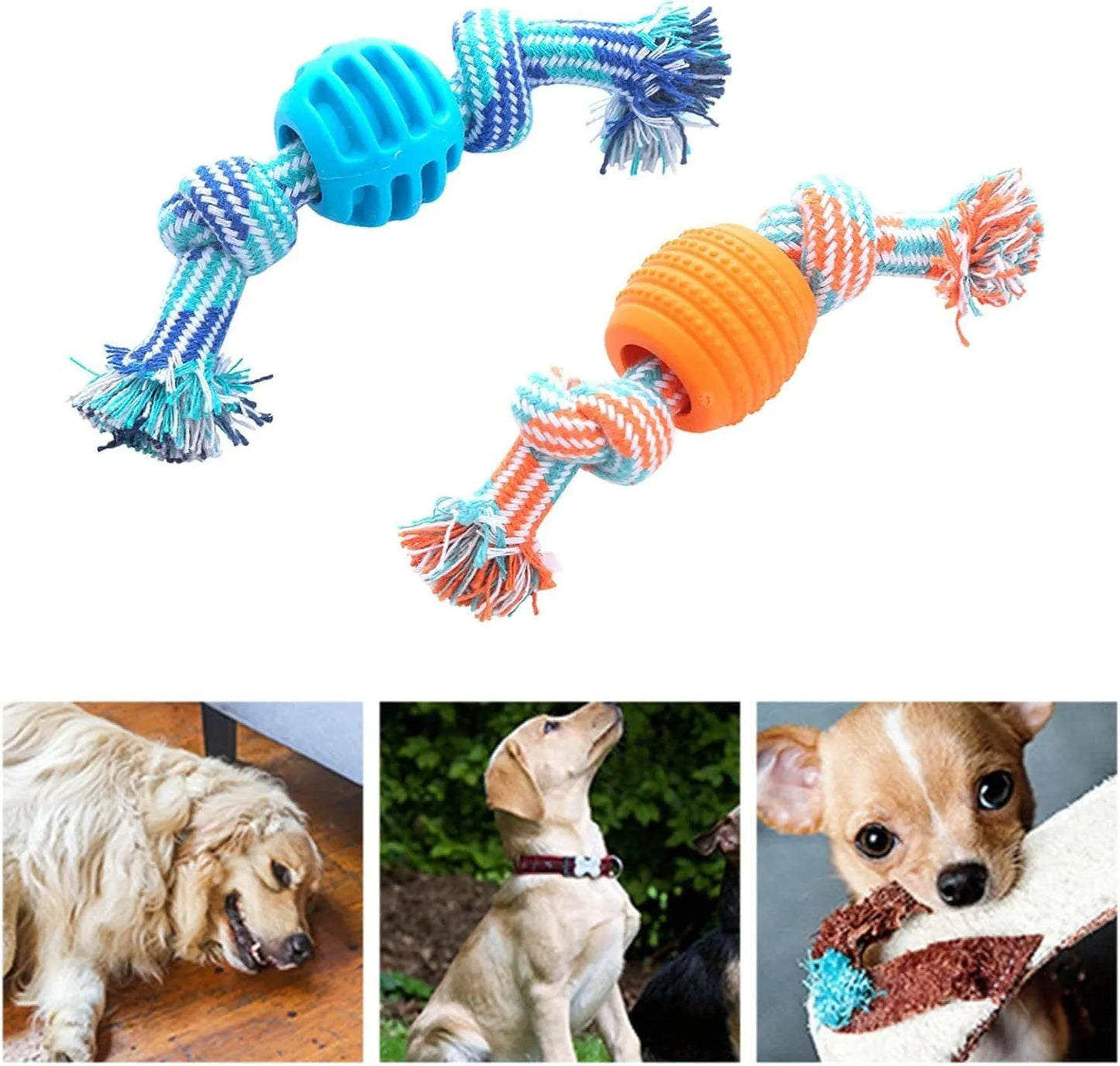 Navy blue dog chew toy with molar-shaped rubber sections and white cotton rope, 25cm long