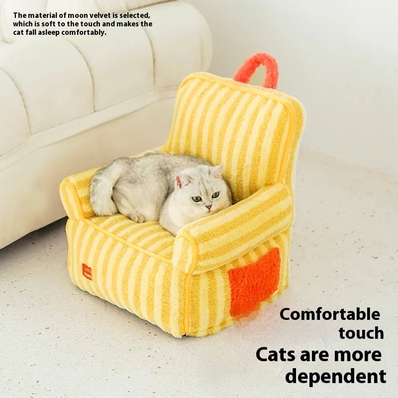 Striped soft velvet pet bed with removable cover in orange, purple, or yellow for dogs