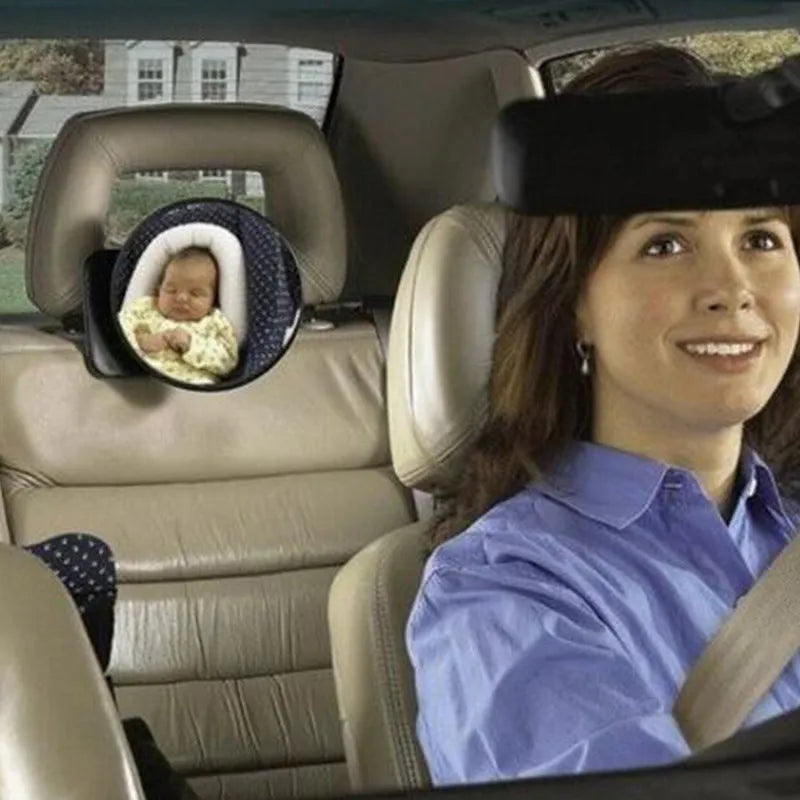 Black ABS baby car rearview mirror with 17cm outer diameter, 16.5cm chassis, and 85cm ribbon