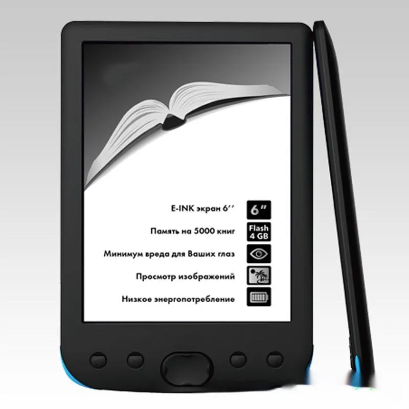 Black 6-inch e-book reader with E-ink screen showing digital text display