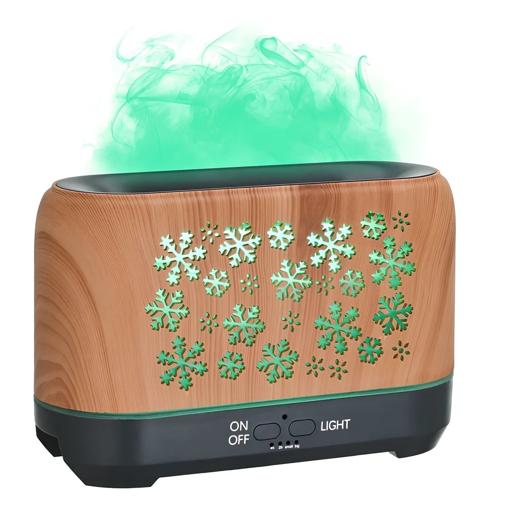 Square Christmas snowflake pattern humidifier with wood grain design and colourful flame lighting effect on desktop