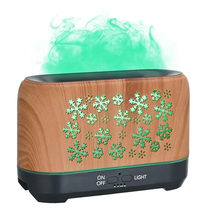 Square wood grain humidifier with colourful snowflake pattern and multicolour flame effect mist.
