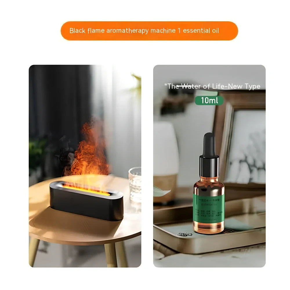 Compact black aroma diffuser humidifier with remote control on wooden surface