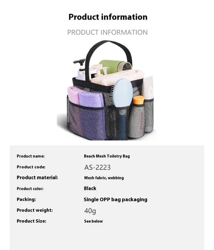 Black mesh toiletry bag with eight pockets for organized travel essentials