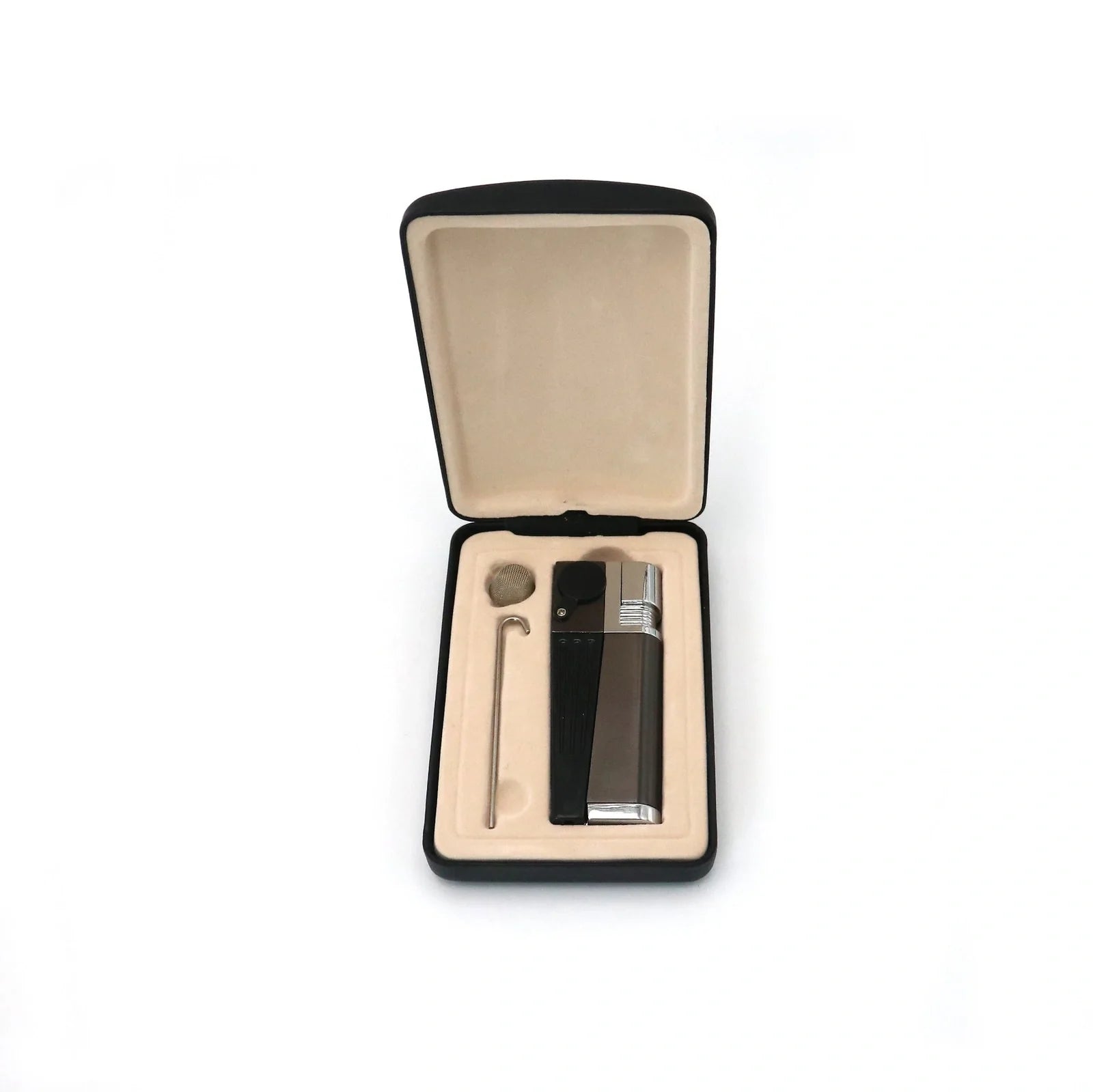 Portable foldable mini pipe with metal cap lighter showing 8cm folded size and wind-resistant function