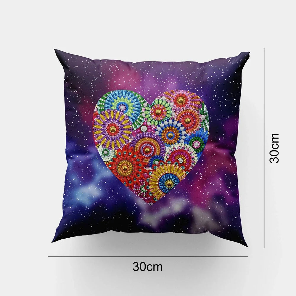 Handmade mandala pattern cushion cover with diamond painting accessories on wooden table