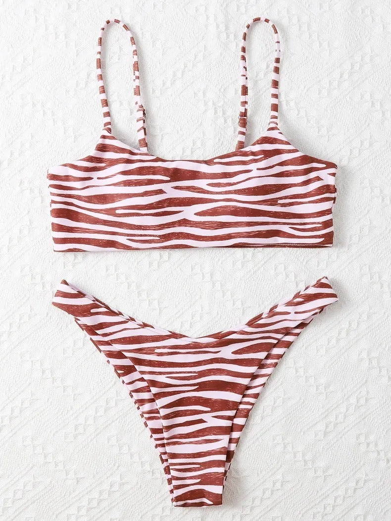 Ladies two piece bikini set with striped pattern in eight colours, sizes S to XL