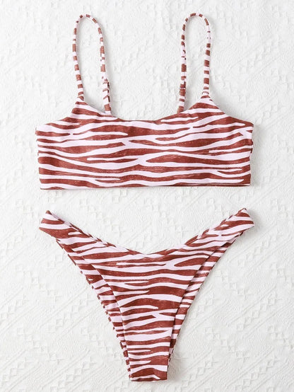 Ladies two piece bikini set with striped pattern in eight colours, sizes S to XL