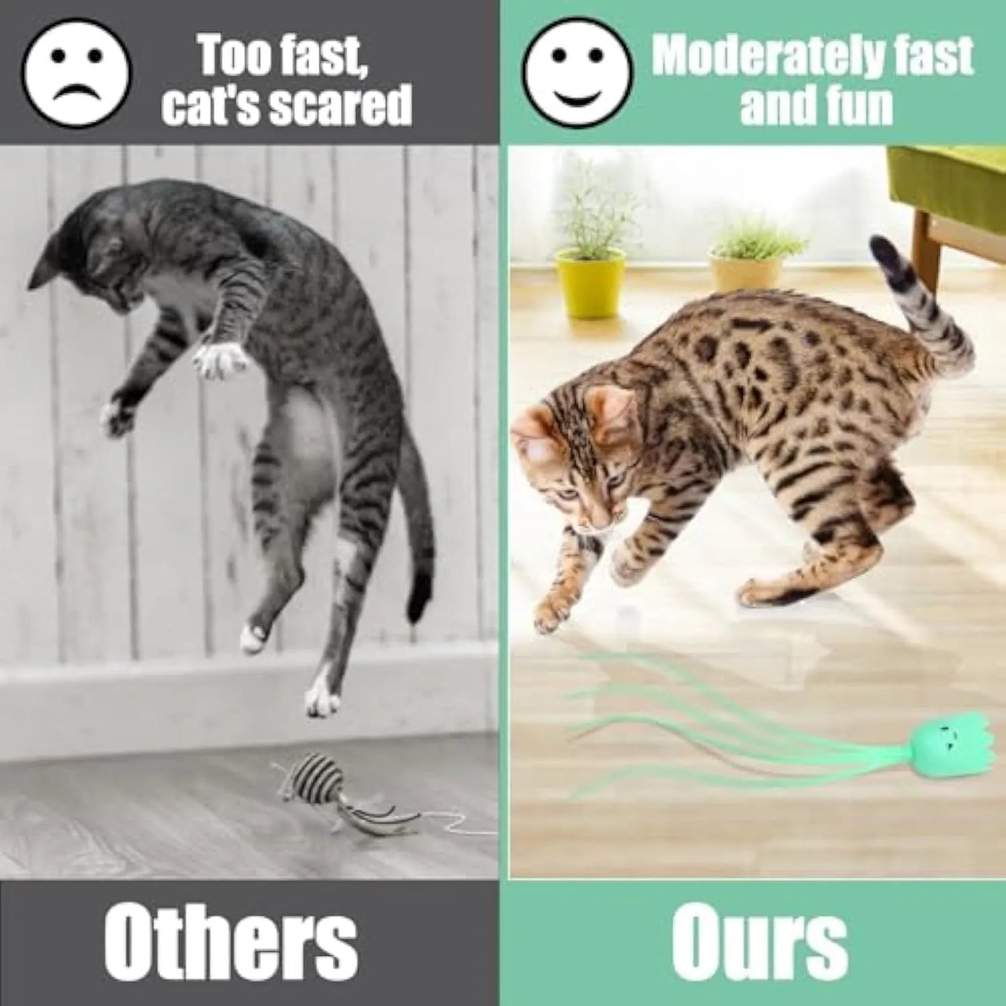 Green automatic electronic cat wand toy with silicone tails moving, placed on a carpet.