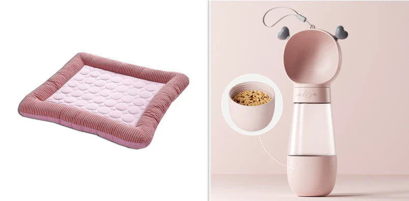 A plush, breathable cooling pet bed in blue and red colors, designed to keep dogs and cats comfortable in the summer heat.