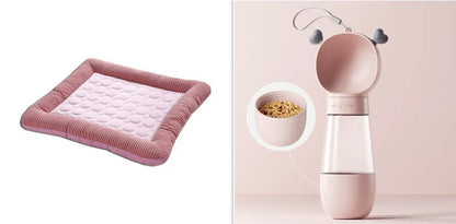 A plush, breathable cooling pet bed in blue and red colors, designed to keep dogs and cats comfortable in the summer heat.