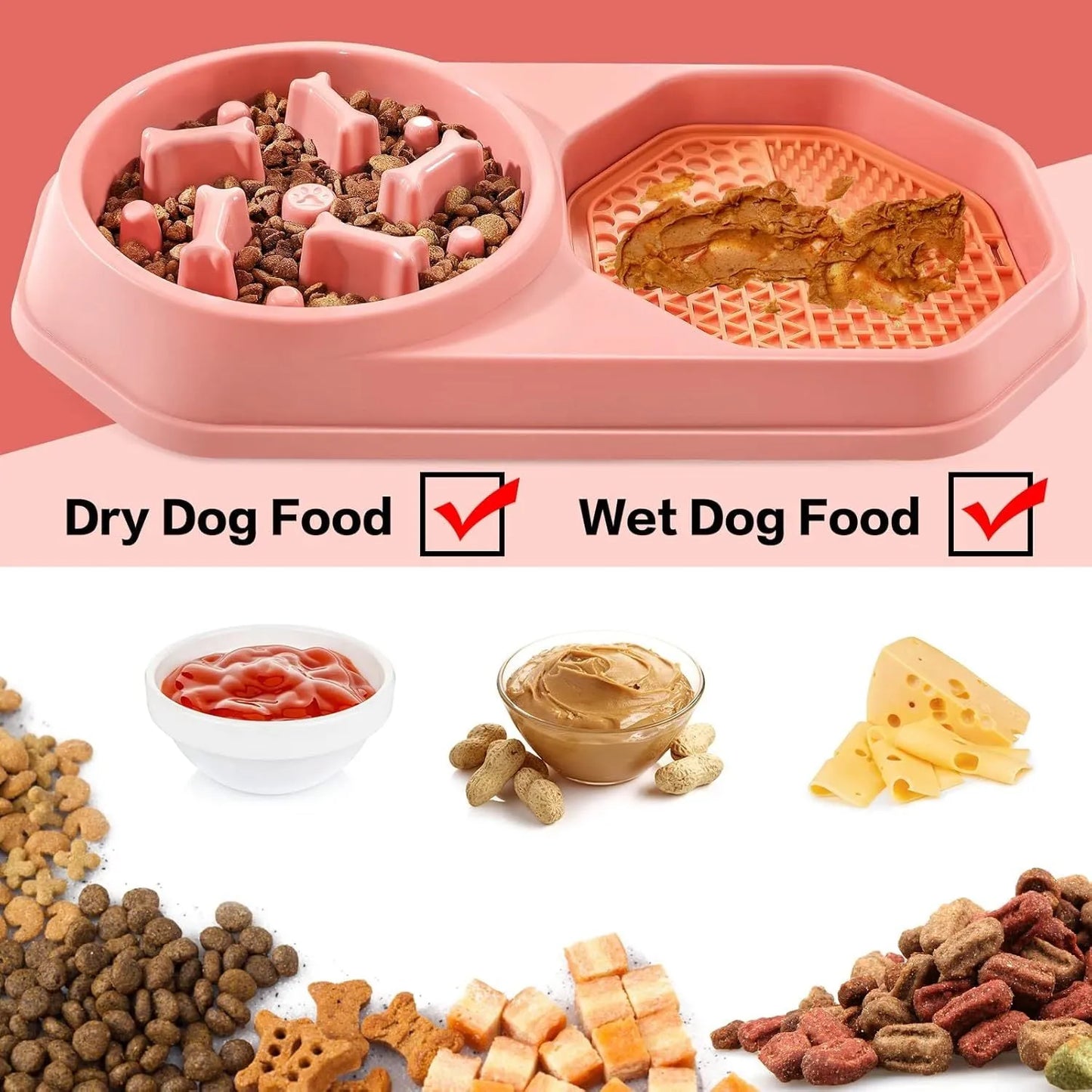 Blue interactive slow feeder dog bowl with maze pattern and non-slip base on a kitchen floor.
