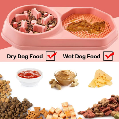 Blue interactive slow feeder dog bowl with maze pattern and non-slip base on a kitchen floor.