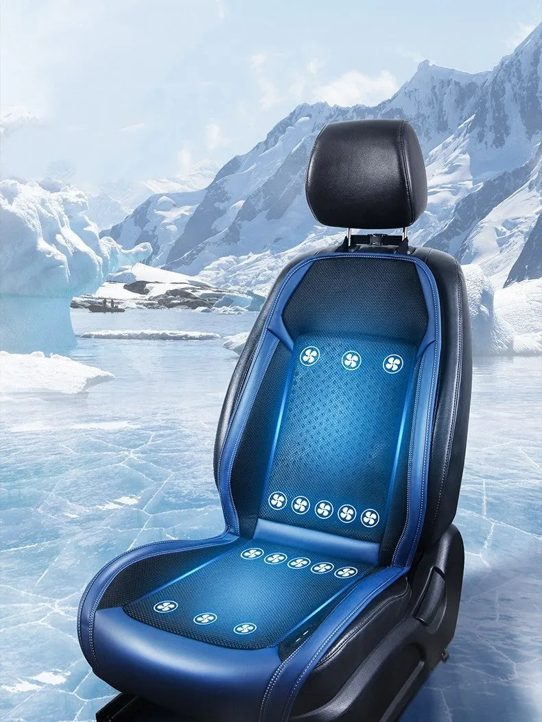HL-21 black car seat cooling pad with 12V plug and USB cable on a car seat