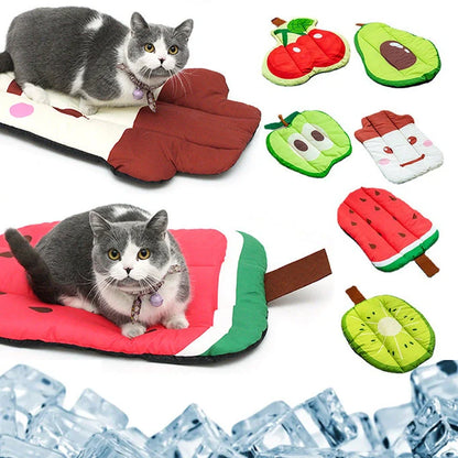 Ice Silk Pet Cooling Mat in various summer fruit designs, perfect for keeping your pet cool and comfortable during the summer.