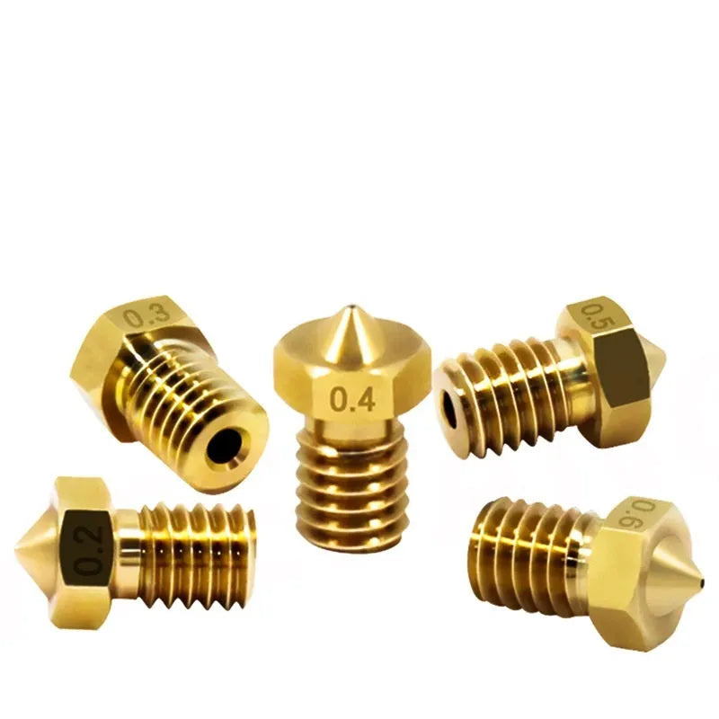 Brass 3D printer nozzle with M6 thread showing different outlet aperture sizes on a white background.