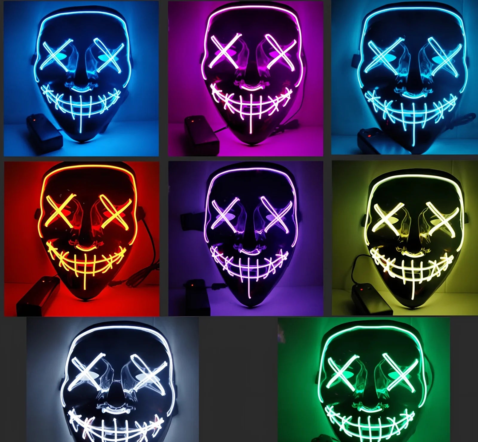 Black V-shaped electroluminescent Halloween mask glowing with uniform illumination, showing folding capability and plastic construction